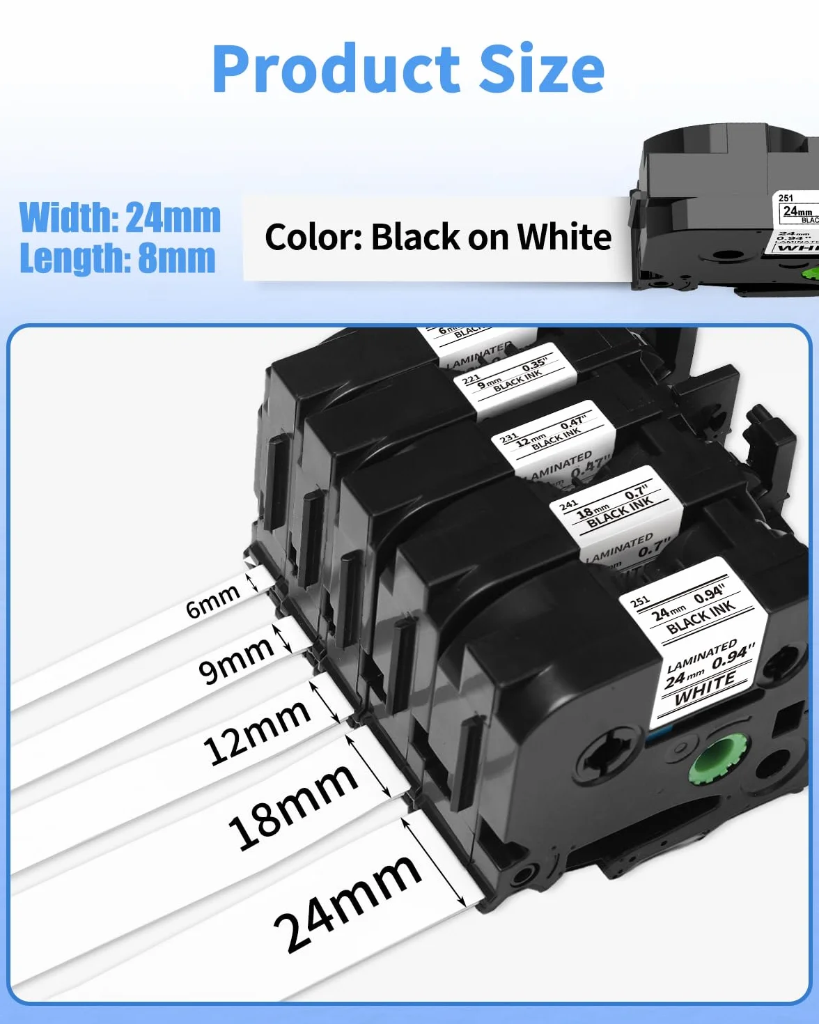 Aken Cinta de Etiquetas Compatible con Brother P-touch TZe251 Tze-251 24mm | Negro sobre Blanco Tape Cassette, Compatible con Brother Ptouch PT P700 2430 D600 9700PC P750W