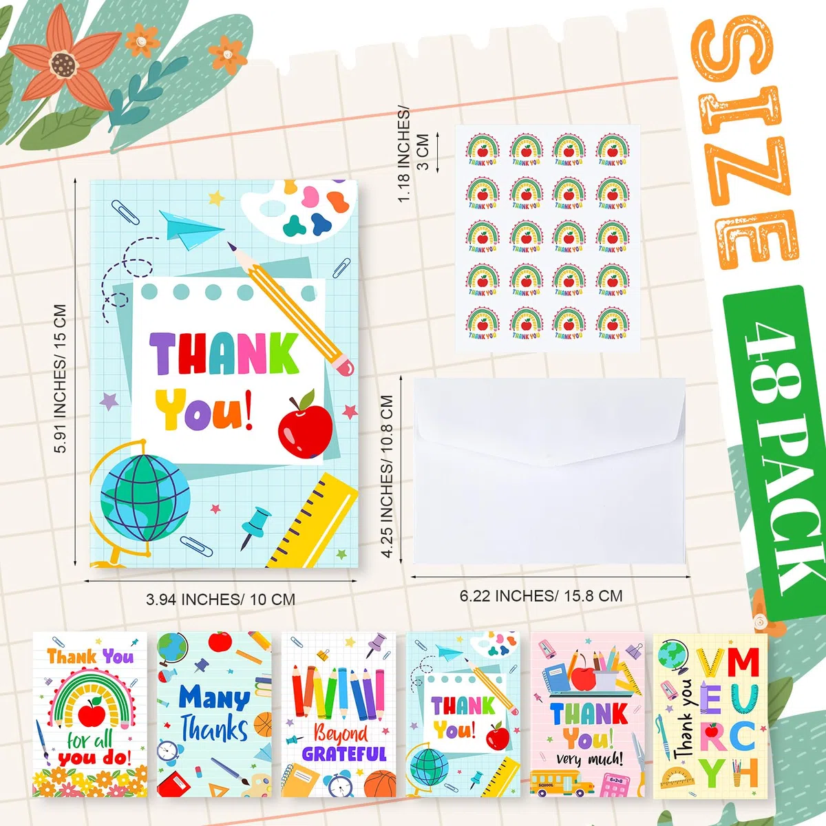 Motiskyy Juego de 48 tarjetas de agradecimiento para profesores con sobres y calcomanías, tarjetas de felicitación de estudiantes a granel para la semana de agradecimiento de los profesores, mejor