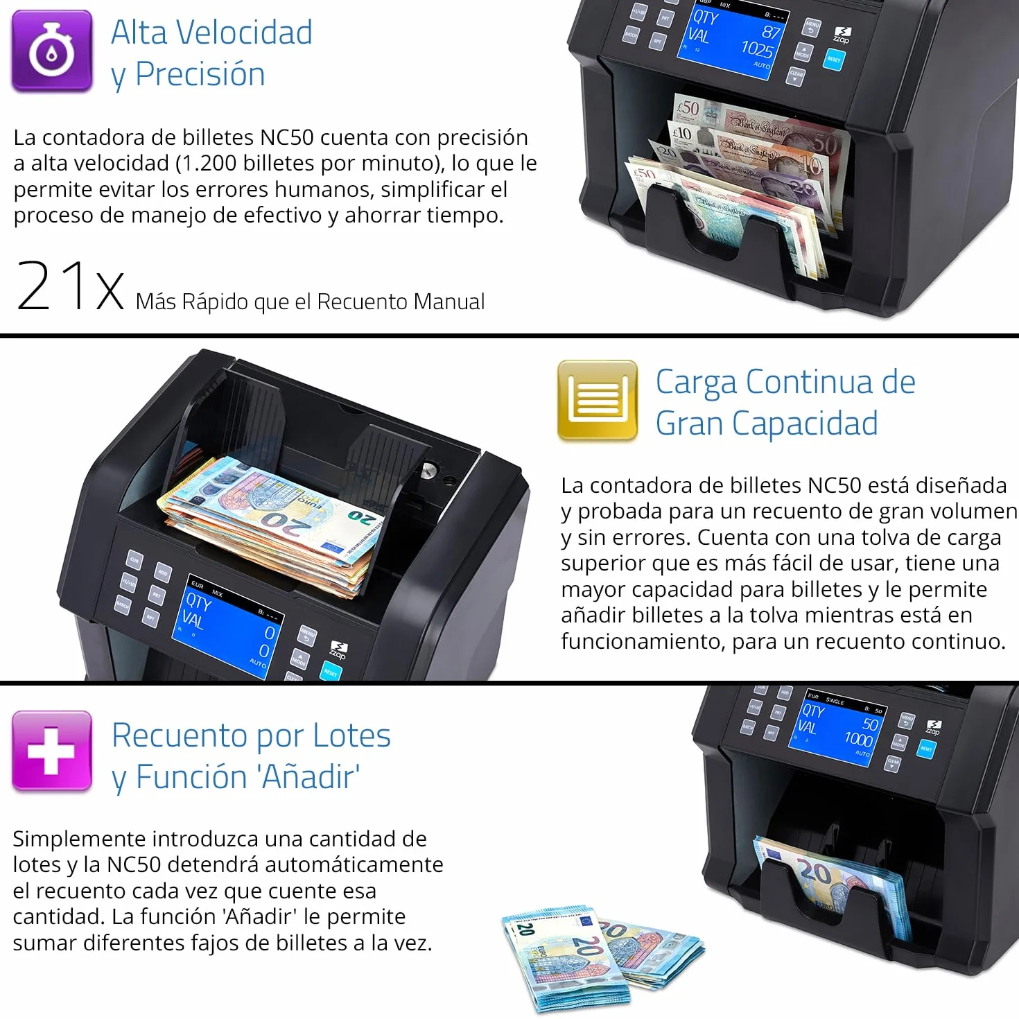 ZZap NC50 Contadora de Billetes y Detector de Falsificaciones - Contadora de Valor para Denominaciones Mixtas - Máquina de Efectivo