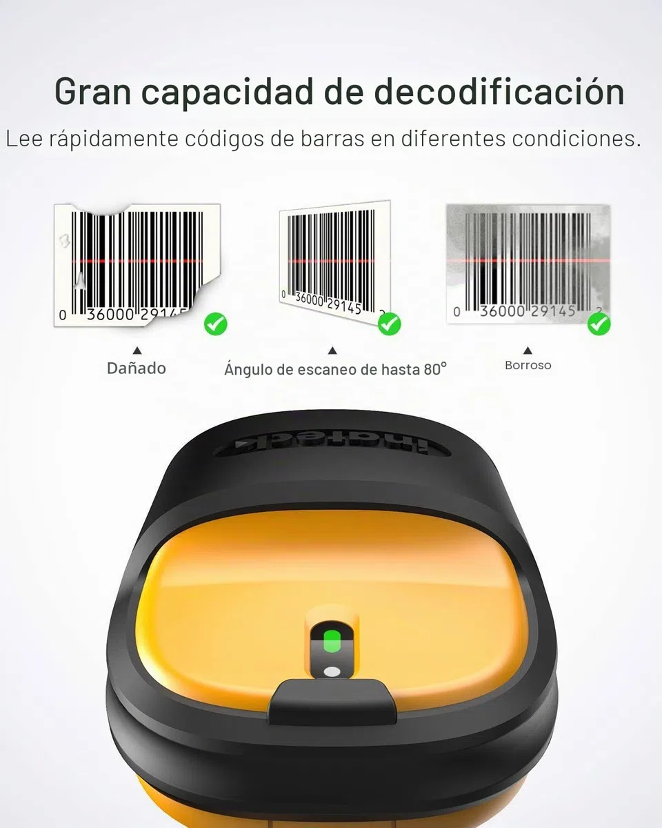 Inateck Lector Codigo Barras Escáner de Códigos Inalámbrico 2.4GHz Barcode Scanner | Alcance 60m Batería 2600mAh Duración batería Uso ininterrumpido 1 Mes Lectura automática rápida y precisa P6