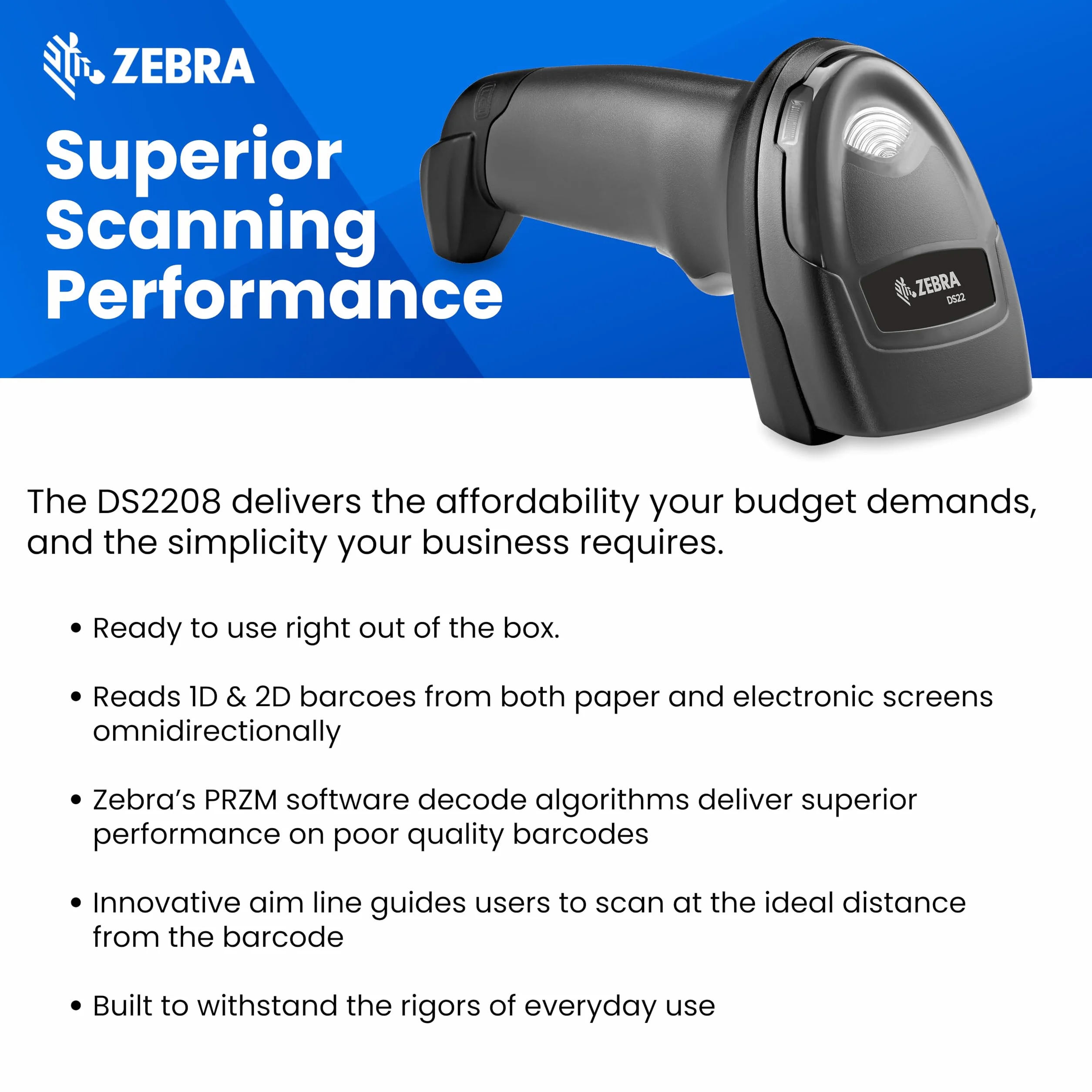 Zebra Technologies - DS2208-SR Negro USB Kit con soporte