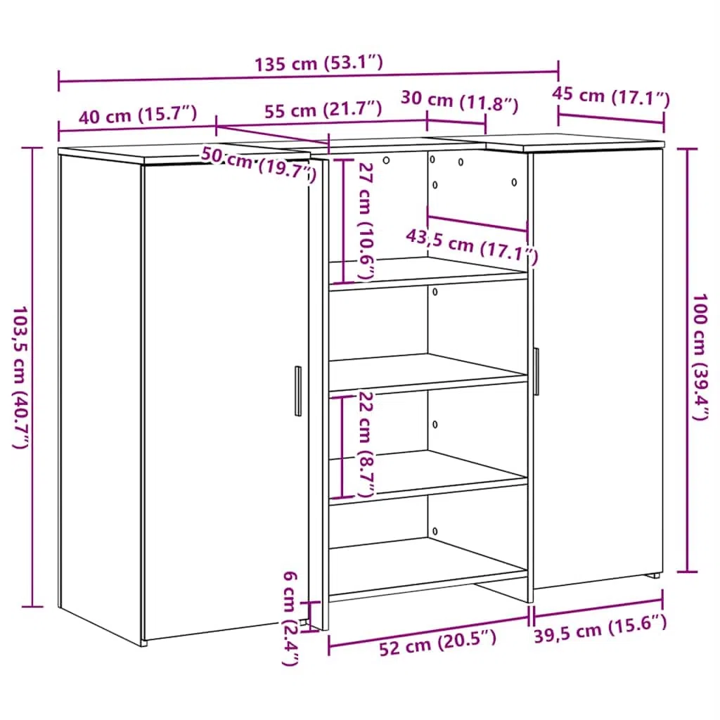 Mesita de recepción gris hormigón 135 x 50 x 103,5 cm de material de madera con mostrador integrado y espacio de almacenamiento, con armario para oficina, oficina en casa y recepción
