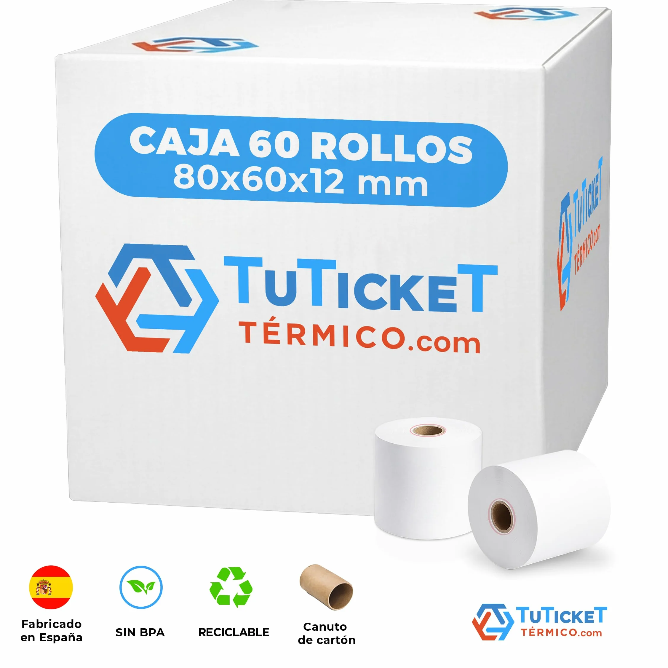 Rollo de Papel Térmico 80x60x12 mm (60 uds) para Impresora Térmica de Ticket y Comanda, Caja Registradora y demás TPV. Sin Bisphenol A