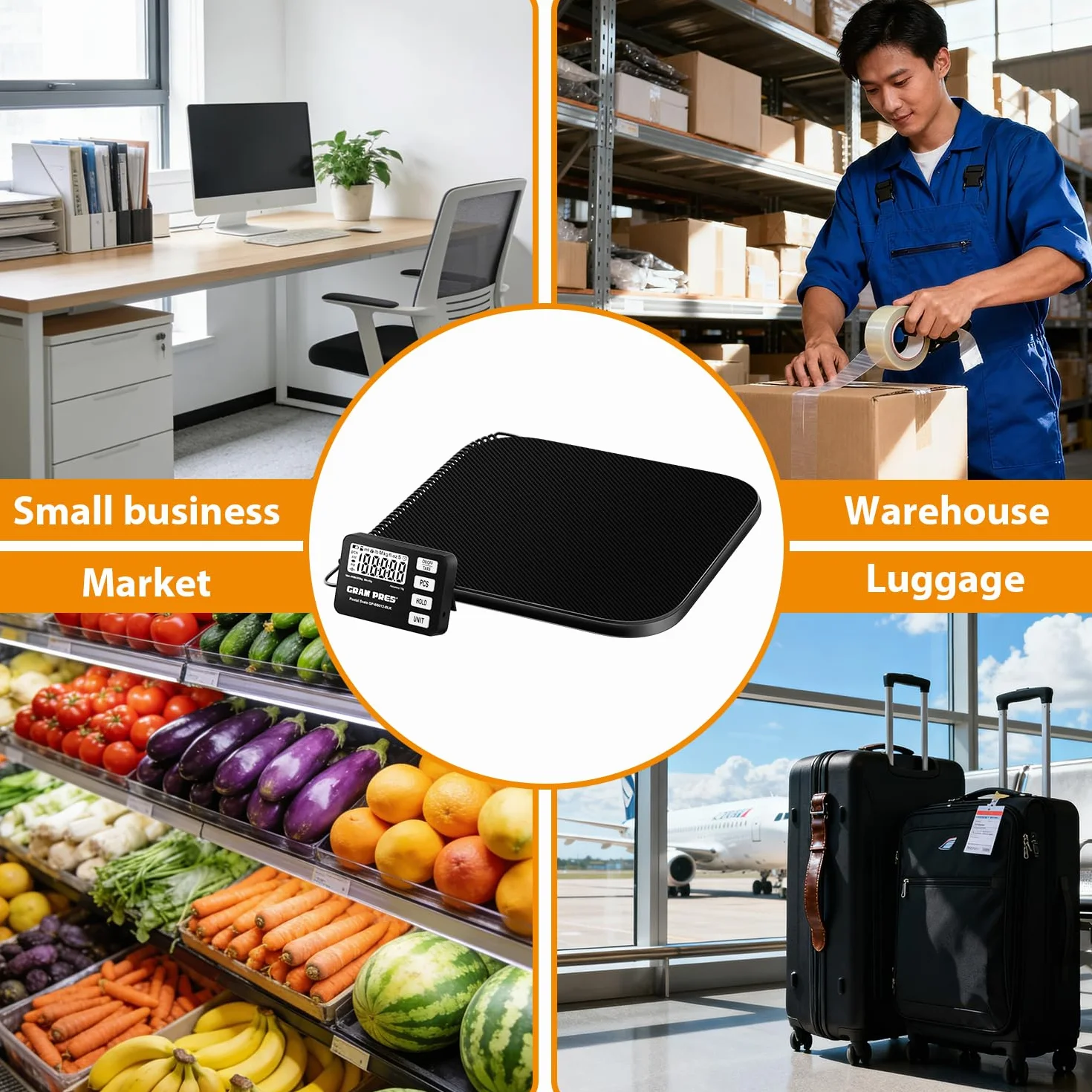 GRAM PRES Báscula de envíos digital 200 kg/10 g pantalla LCD retención tara piezas batería USB