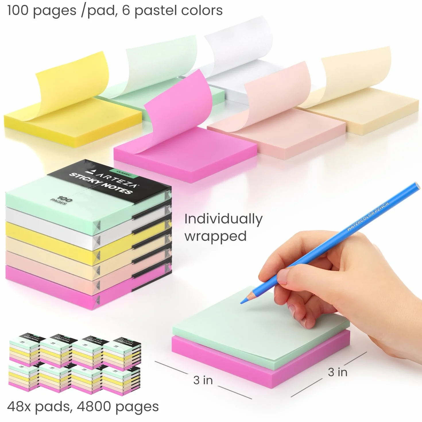 ARTEZA Notas adhesivas de 3 x 3 pulgadas, 48 blocs adhesivos (100 páginas por bloc), blocs de notas adhesivas a granel, notas adhesivas autoadhesivas multicolores, suministros escolares y de oficina,
