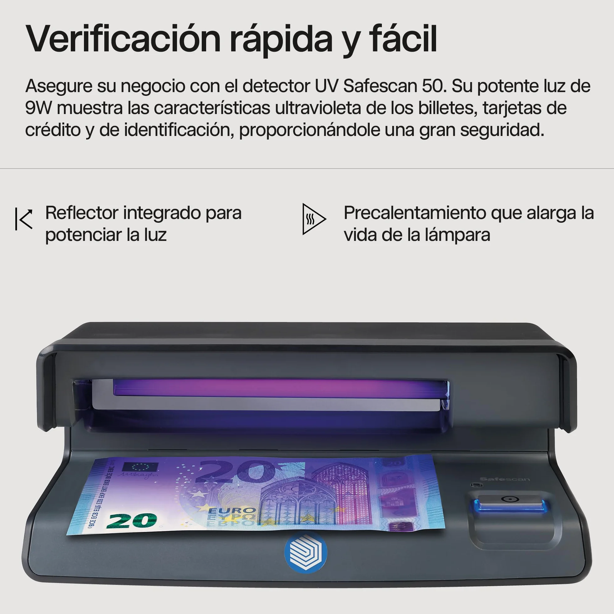 Safescan 50 Negro - Detector UV de billetes falsos, verificación de tarjetas de crédito y documentos de identidad