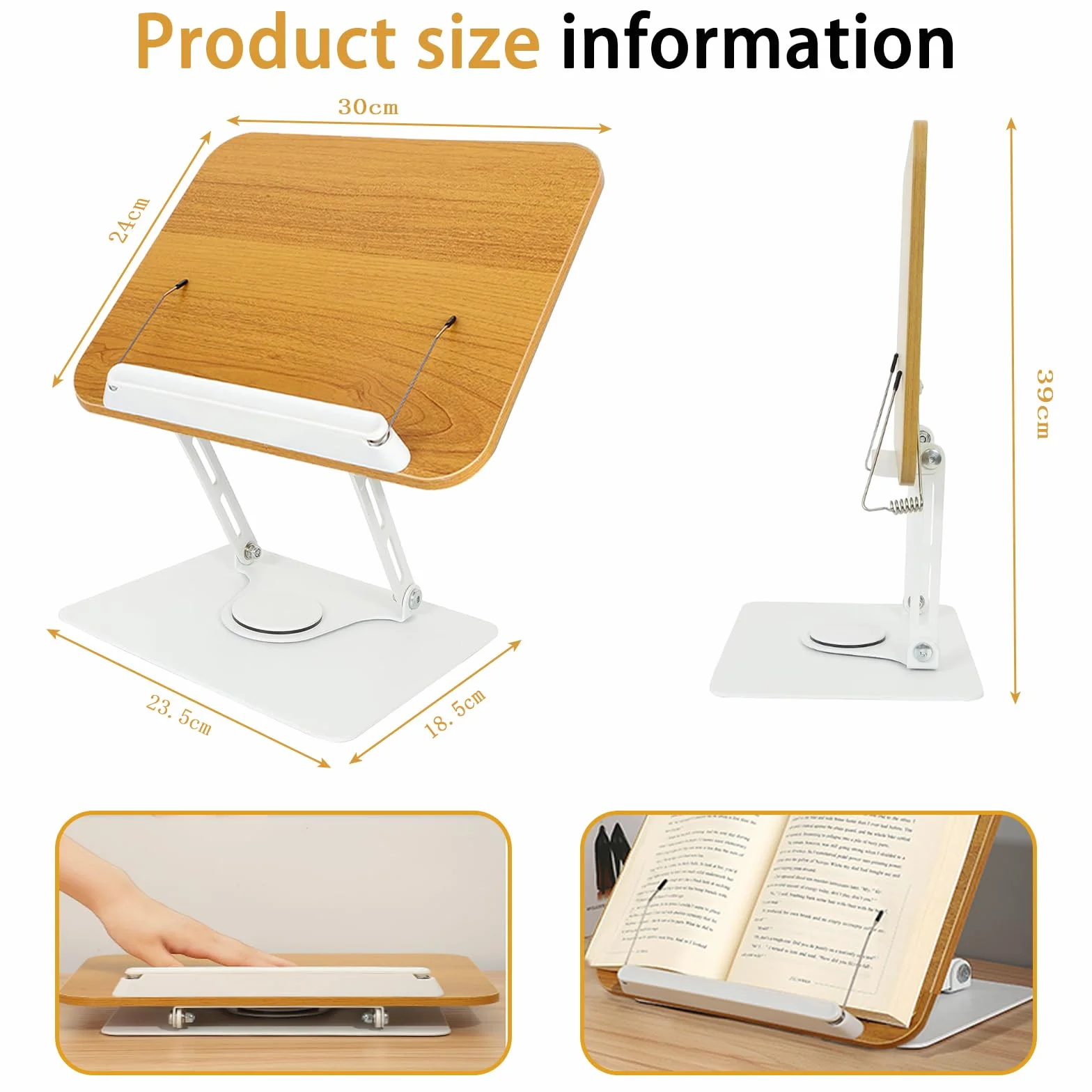 Atril para Libros de Madera con Base Giratoria 360°, Soporte de Lectura Regulable en Altura, Pupitre Ergonómico y Plegable para Escritorio, Cocina, Tablet y Libros de Texto, Recetas, Partituras