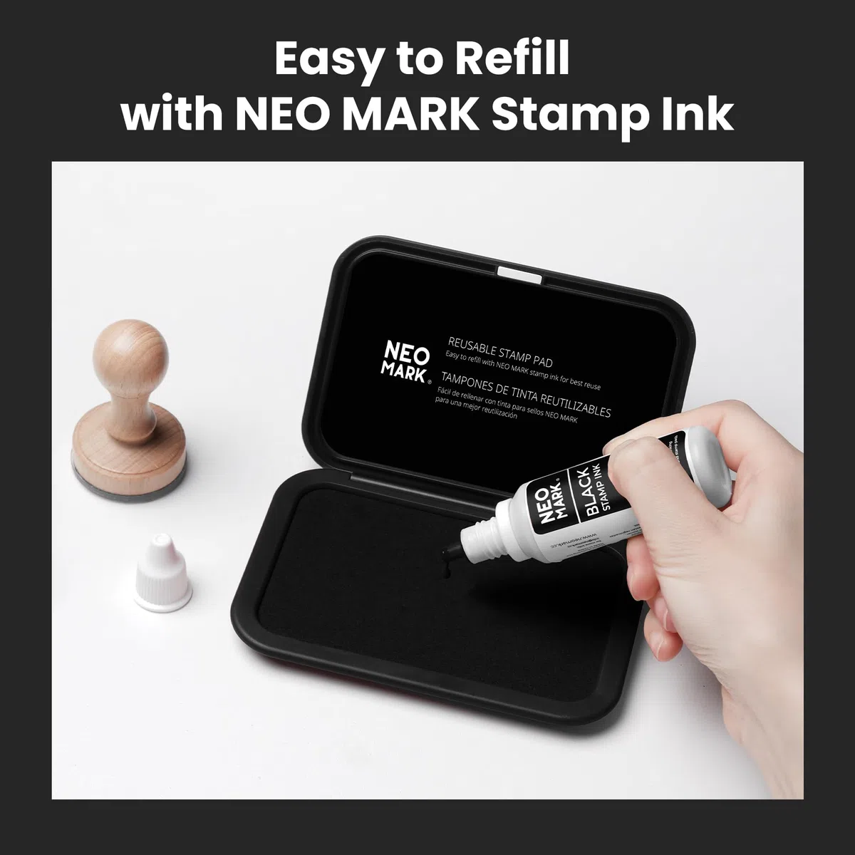 NEO MARK Kit de almohadillas para sellos (tinta de 1 onza incluida) – 4.4 x 2.3 pulgadas, tapa magnética, almohadilla de fieltro de alta calidad (negro)