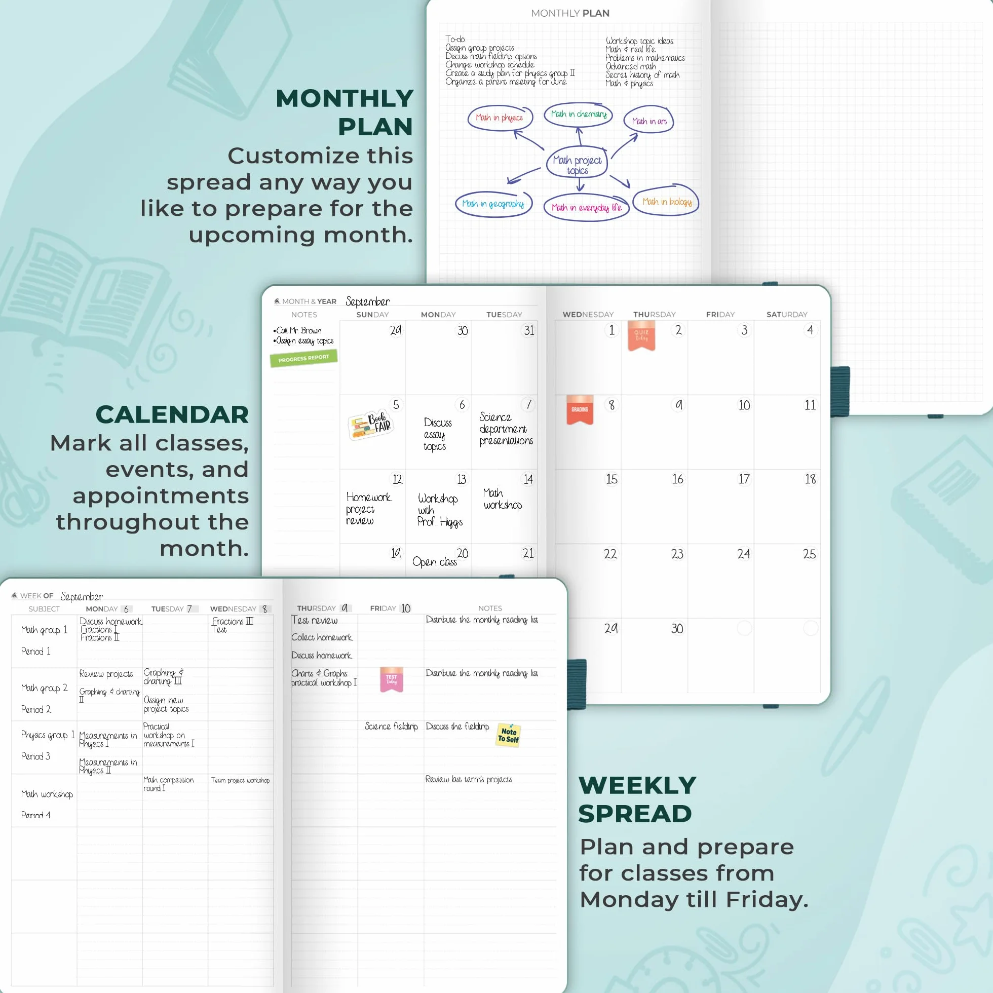 Clever Fox Planificador para profesores, planificador de año escolar con calendarios y planes de lecciones, libro de planes para profesores para organización de aula y escuela en casa, sin fecha, 7 x