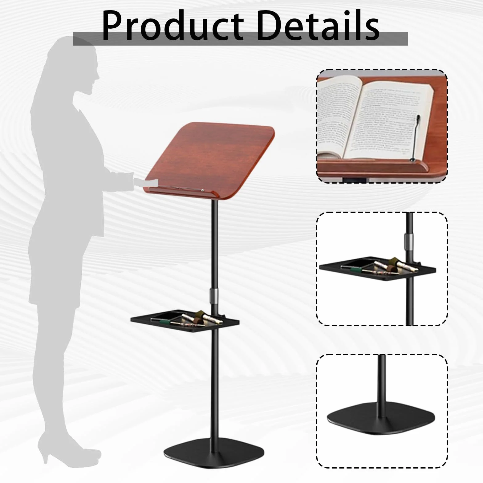 Atril de pie, soporte para libros ajustable, altura ajustable de 80 a 130 cm, mesa portátil para ordenador, soporte para partituras móvil, mesa de proyector, soporte de podio portátil para escuela
