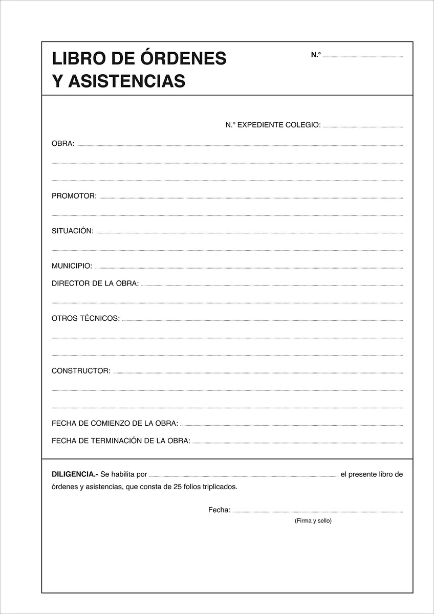 LIBRO DE ÓRDENES Y ASISTENCIAS. A4, 25 folios triplicados y numerados.