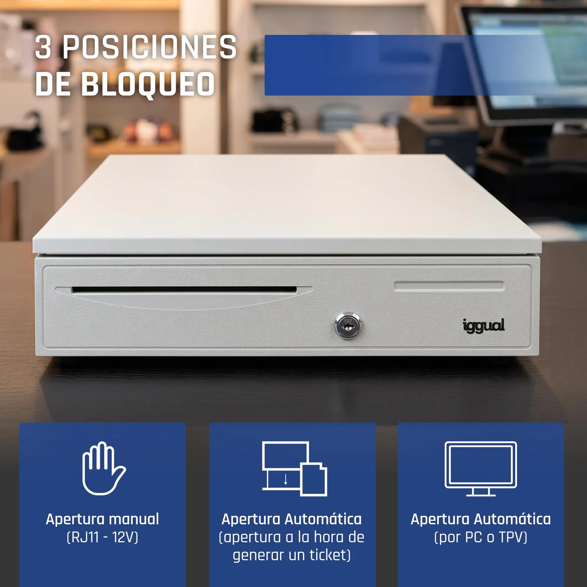 iggual – Cajón Portamonedas IRON-30W -Caja Efectivo, Registradora Manual o Automática para 5 Billetes y 5 Moneda - Cerradura 3 Posiciones- Acero+Plástico -Uso profesiona -Blanco Perla (42x40,5x10)