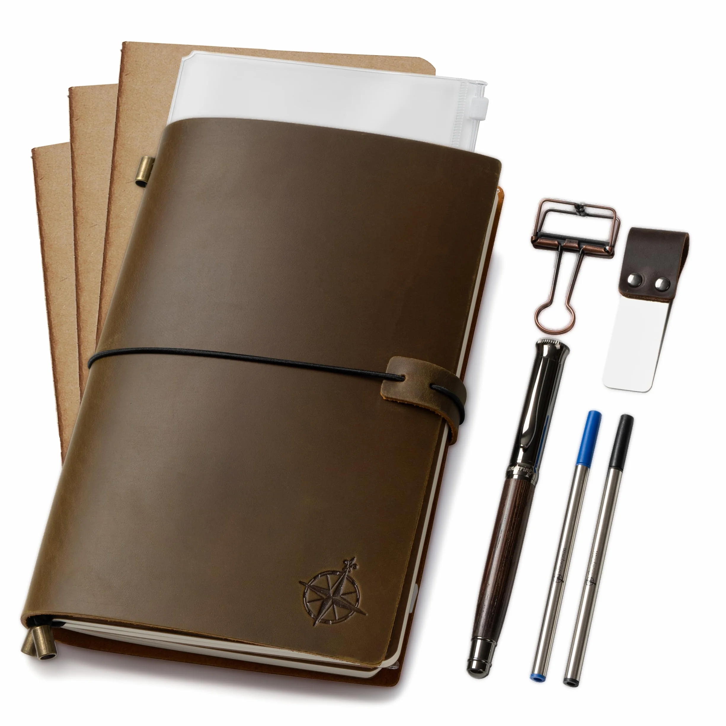 WANDERINGS Cuaderno de Viaje A5 / Diario de Cuero Genuino Hecho a Mano - 22x15 cm Incluye un Portalápices con Bolígrafo y 2 Recargas de Tinta Adicionales, una Carpeta de PVC y un Clip Sujetapapeles