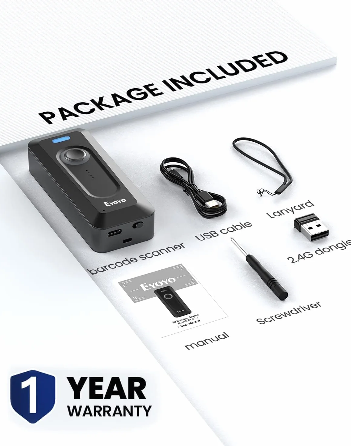 Eyoyo 2D QR Bluetooth Escáner de Código de Barras Inalámbrico con Clip, 2000mAh