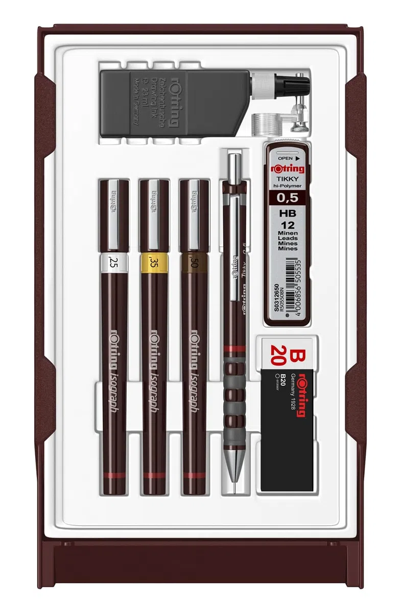 rOtring Isograph S0699380 - Juego de bolígrafo y lápiz de punta fina S0699380 | 3 bolígrafos técnicos (0,25 mm, 0,35 mm, 0,50 mm) y portaminas (0,5 mm) | Accesorios con cuaderno