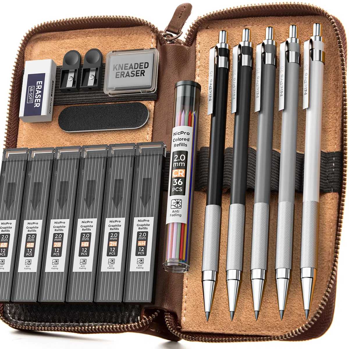 Nicpro 5 Piezas Metálica Portaminas 2mm - Cuero Estuche, Recargas color & negro (HB 2H 4H 2B 4B), Borrador, Sacapuntas para Artistas Proyectos de dibujo, Arte Escritura, Manualidades, Carpintero.