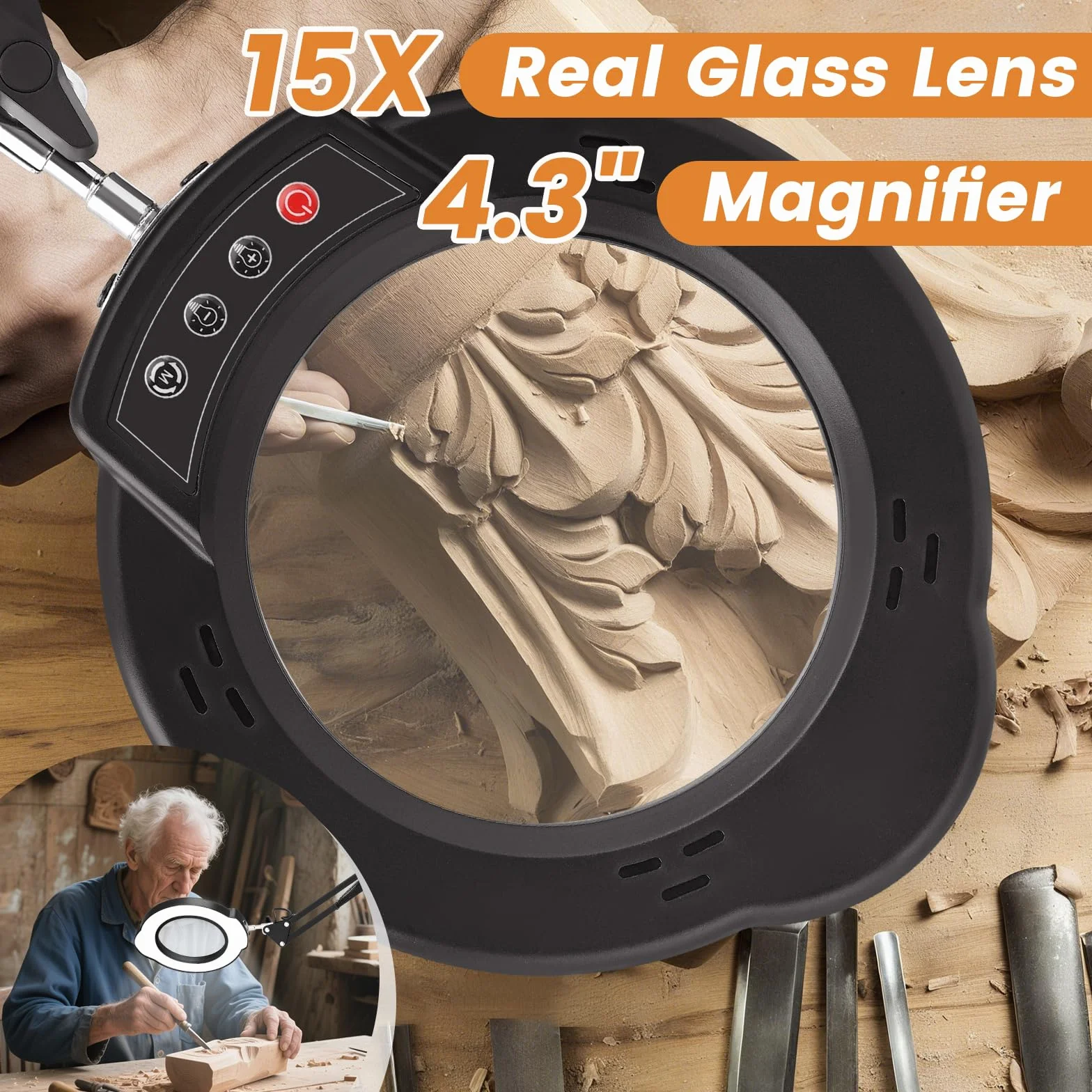 Lupa con Luz 15X, 5 temperaturas de Color y 10 Niveles de Brillo, Lupa Multifuncional con Brazos Flexibles y Cabezal Giratorio de 360°, Ideal para Leer Magnifying Glass