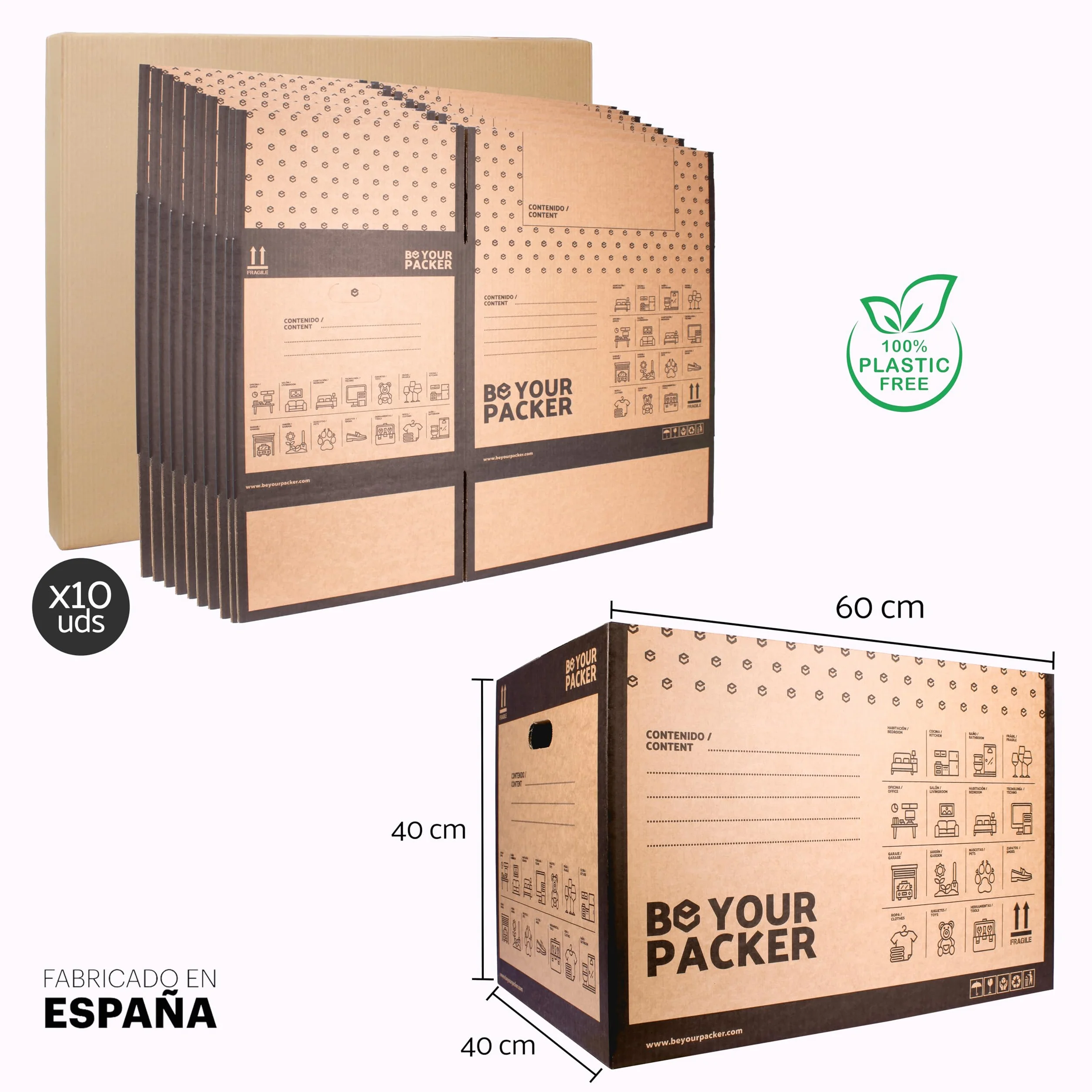 Cajas de Mudanza Grandes 60x40x40 cm con Asas, Pack de 10 |Be Your Packer