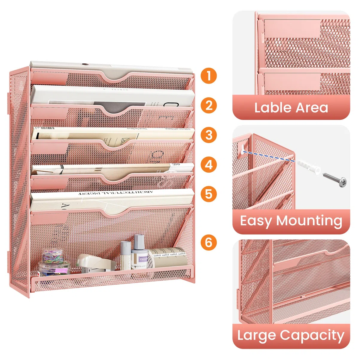 VITVITI Organizador de Pared para Documentos A4, 6 Compartimentos, Revistero de Metal en Malla, Soporte de Revistas y Archivador Vertical para Oficina, Correo y Papelería, Rosa