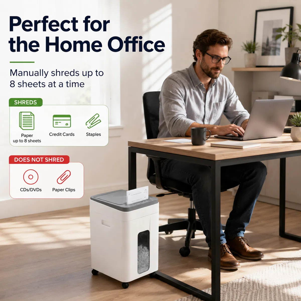 400 Hojas Trituradora De Papel: Destructora De Papel P5 Microcorte 50L - 8 Hojas Manual 30 Min para Home Office/Oficina con Tarjetas/Grapas para Hogar/Pequeños Equipos Blanco/Gris