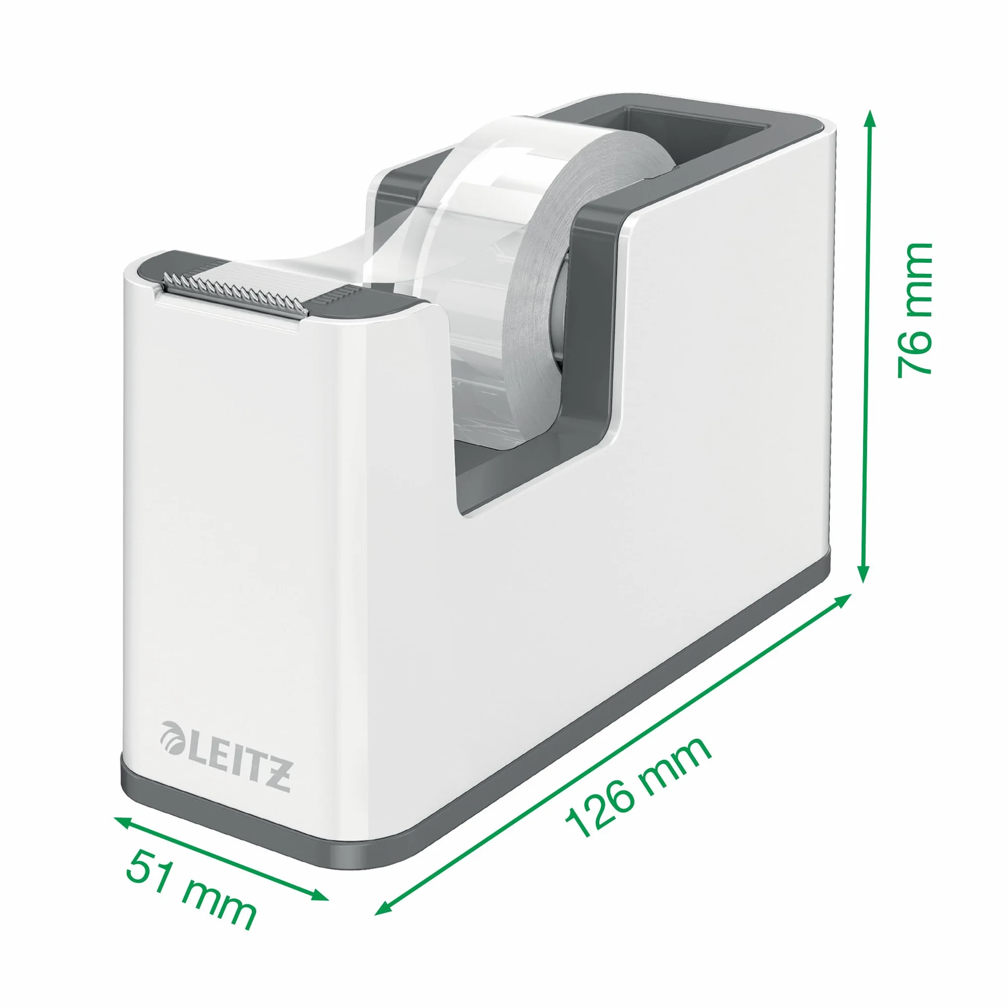 Leitz WOW Dispensador de Cinta, Base Robusta, Incluye un Rollo de Cinta Adhesiva, Portarrollos de Cinta para Escritorio, Blanco/Rojo, 53641026