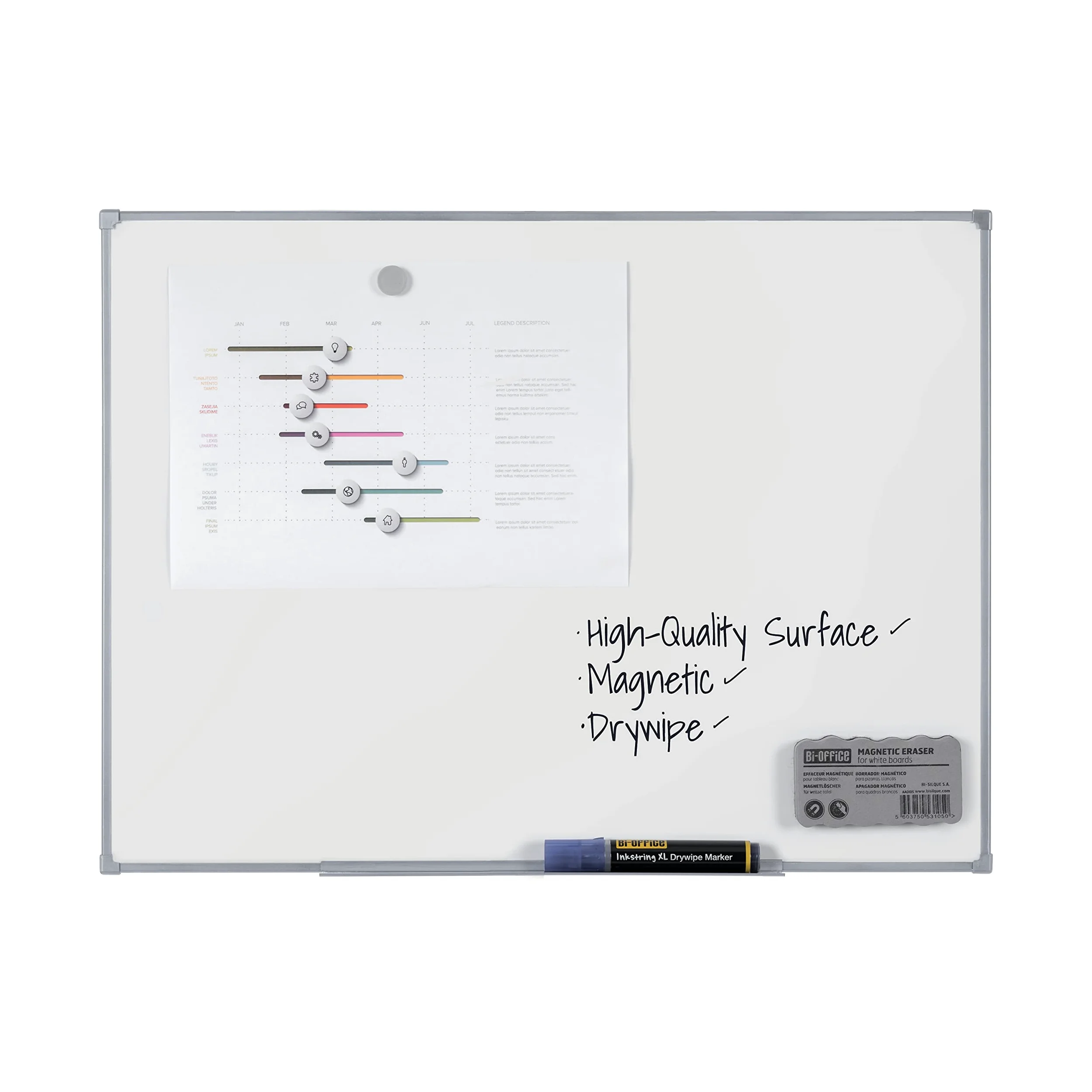 Economy Pizarra Blanca Magnética, 120 x 90 cm, Superficie de Acero Lacado en Seco, Marco de Tech Alloy Gris