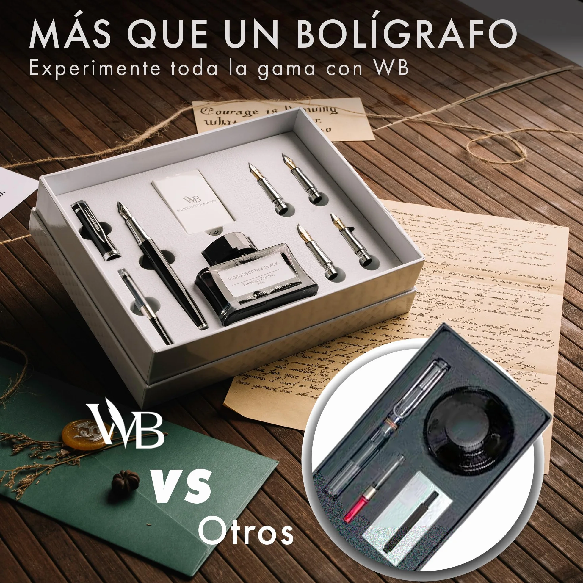 Wordsworth & Black Juego de regalo de pluma estilográfica, incluye botella de tinta y 6 cartuchos, 1 convertidor, 4 puntas de repuesto, paquete premium, diario, caligrafía