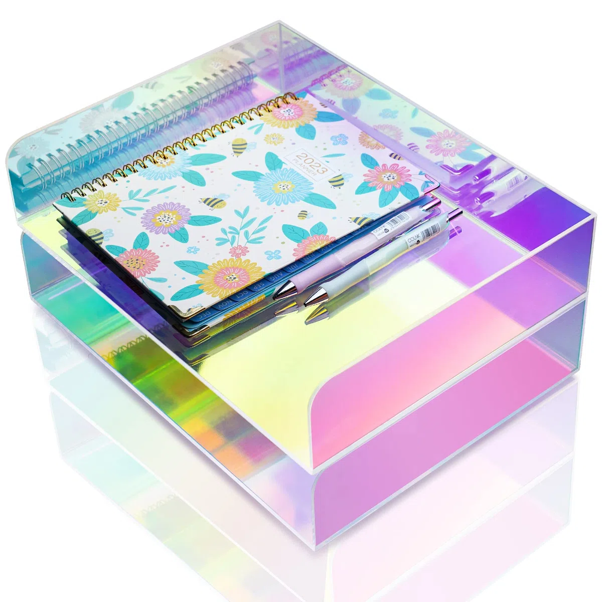 Bandeja acrílica para Cartas, Organizador de Papel apilable Iridiscente de 2 Niveles y Suministros de Oficina, Accesorios de Escritorio tamaño Carta arcoíris (Vertical)