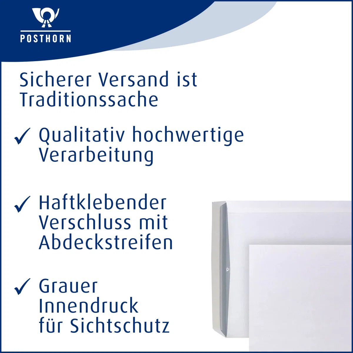 POSTHORN - Sobre B4 (250 unidades, 353 x 250 x 1 mm, 120 g/m²) | Sobres autoadhesivos sin ventana, color blanco con impresión interior gris para protección visual