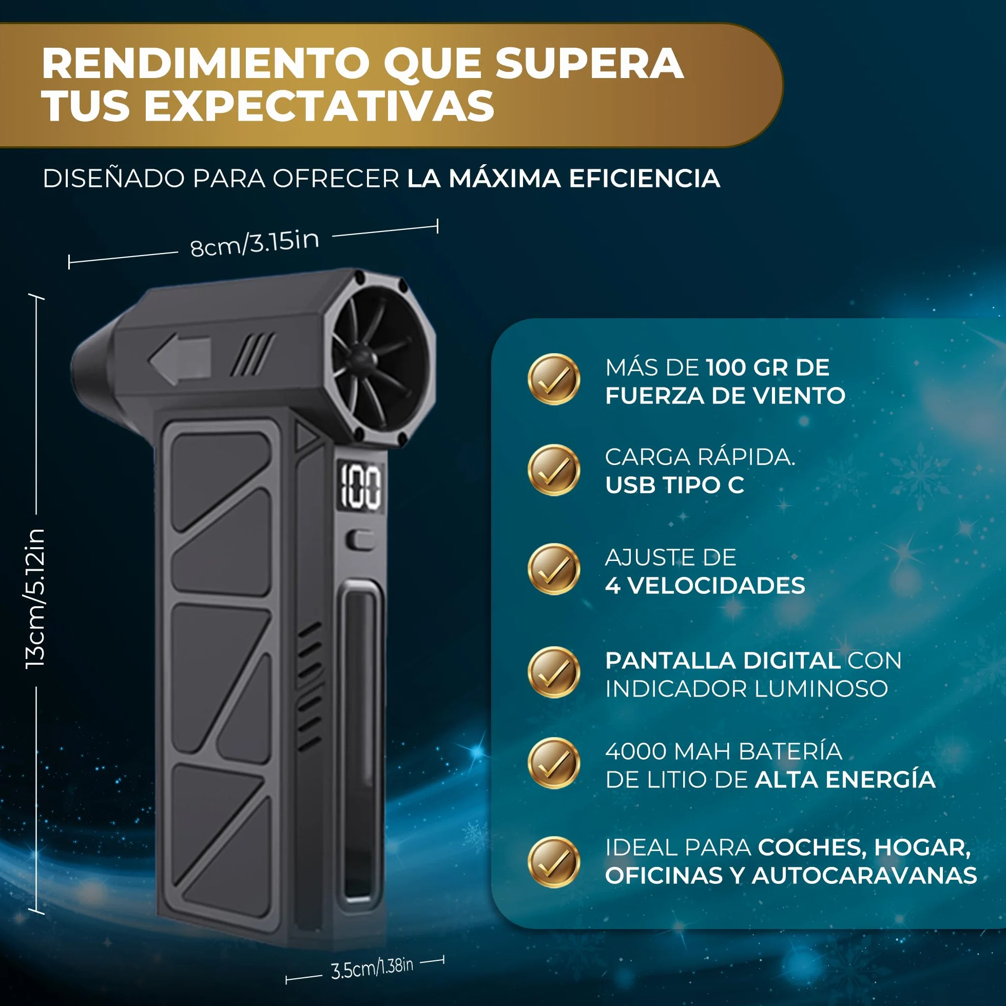 Soplador de Aire Eléctrico 2 en 1, 130000 RPM, 4000 mAh, con Luz LED para Limpieza de PC y Coche