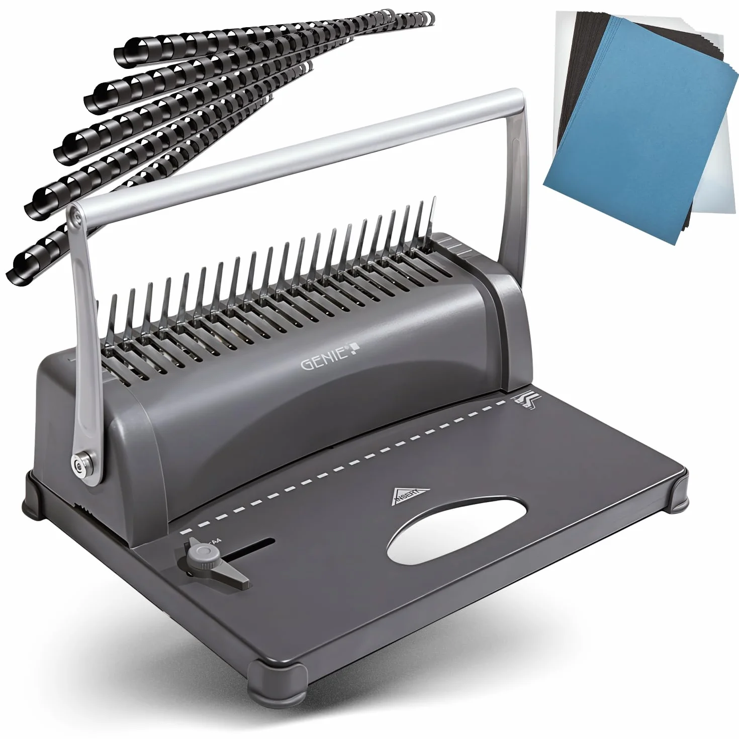 Genie CB 850 - Encuadernadora, hasta 350 hojas, DIN A4, incluye juego de 75 piezas, color plata y negro
