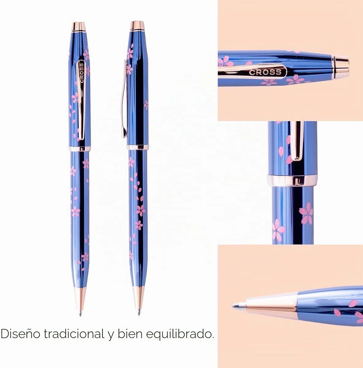 Cross Century II Cherry Blossom - Bolígrafo (trazos M, color de escritura: negro, mecanismo de giro, incluye caja de regalo), color azul translúcido, herrajes de acero inoxidable chapado en oro rosa