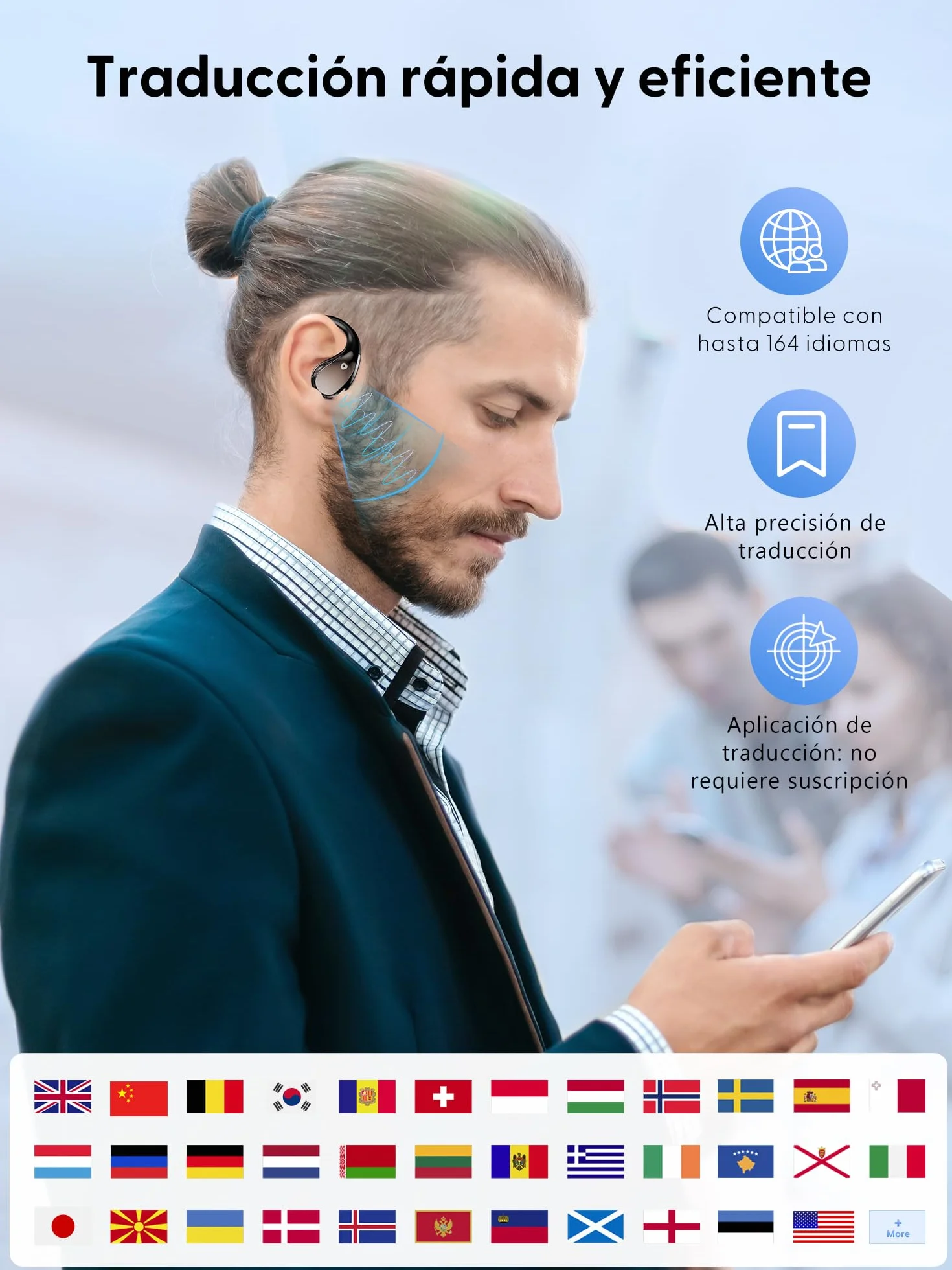 AI Auriculares Traductor en Tiempo Real: 164 Idiomas Traductor Instantáneo 3 en 1 - Bluetooth 6.0 Audífonos Traductores 40h Batería - 6 Modos de TraduccióN para Viajes Negocios Aprendizaje Reuniones