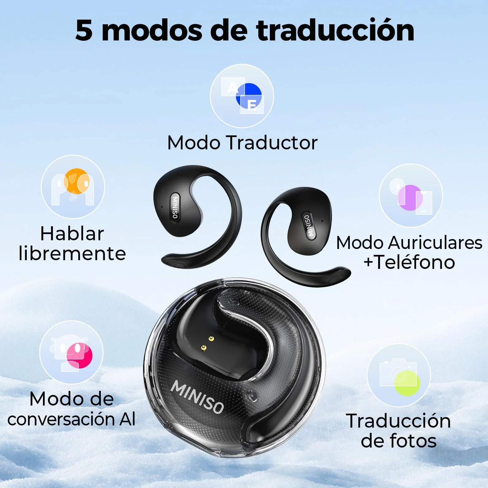 MINISO X15PRO AI Auriculares Traductores, Traductor Instantaneo de Voz 3 en 1 en Tiempo Real en 134 Idiomas con App, Compatible con iOS y Android, Negro