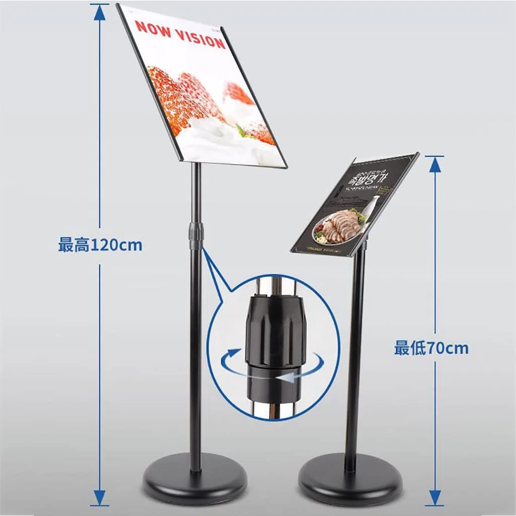 Soporte de pie ajustable para carteles y menús, exhibición de pedestal de aluminio resistente con opciones de visión horizontal y vertical