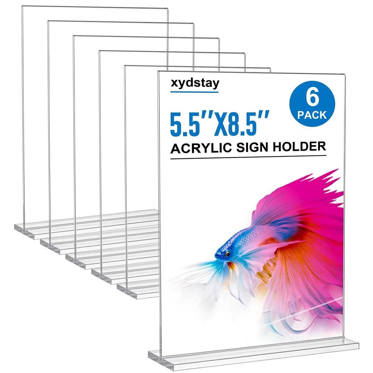 xydstay Paquete de 6 soportes acrílicos para letreros de 8.5 x 5.5 pulgadas, soporte vertical de plástico transparente en forma de T, soporte de menú, soporte de letrero de mesa irrompible para