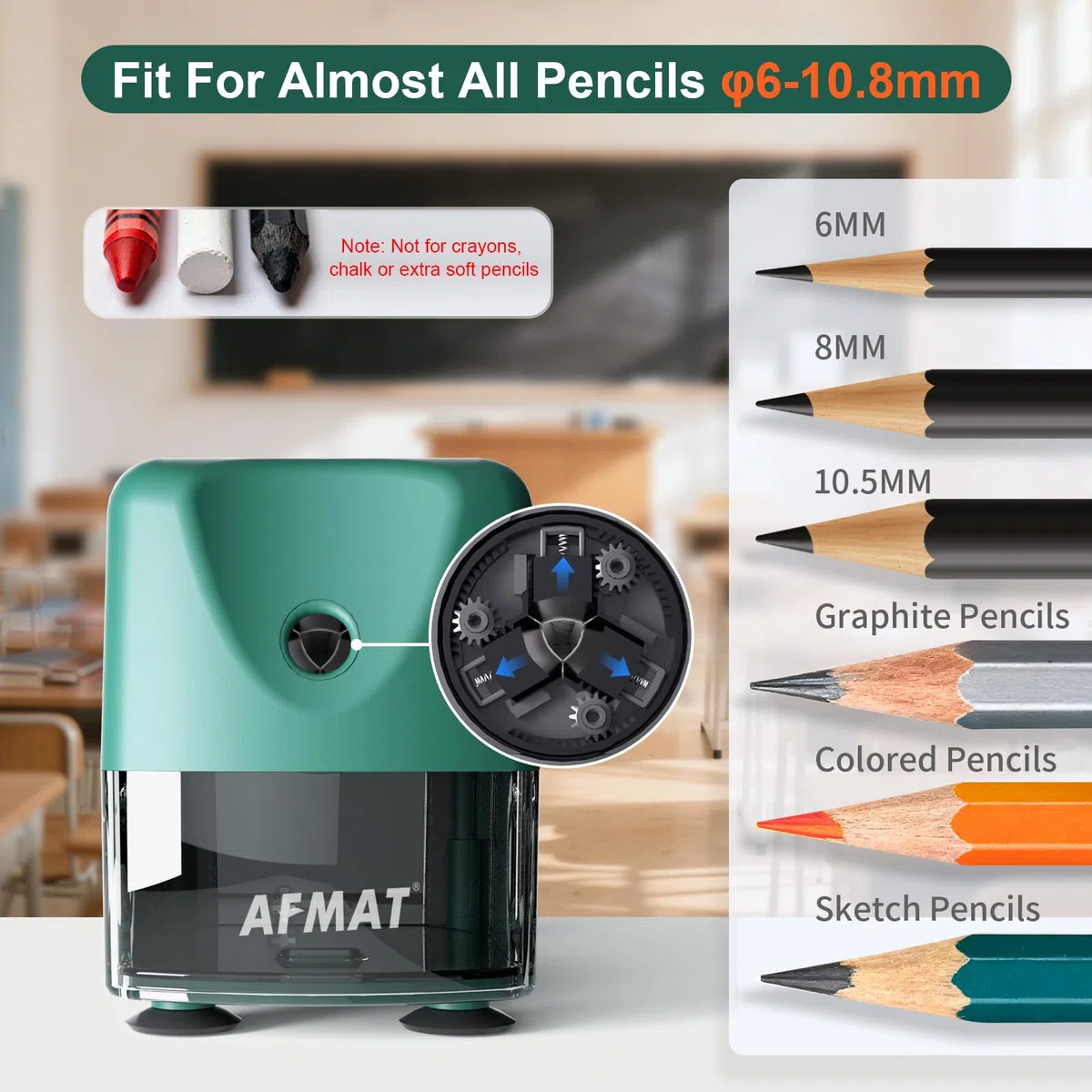 AFMAT Sacapuntas eléctrico automático, auto-Stop, sacapuntas eléctrico recargable con recipiente para lápices de 6-11 mm, punta rápida en 2 segundos, 10.000 puntas, verde PSD3