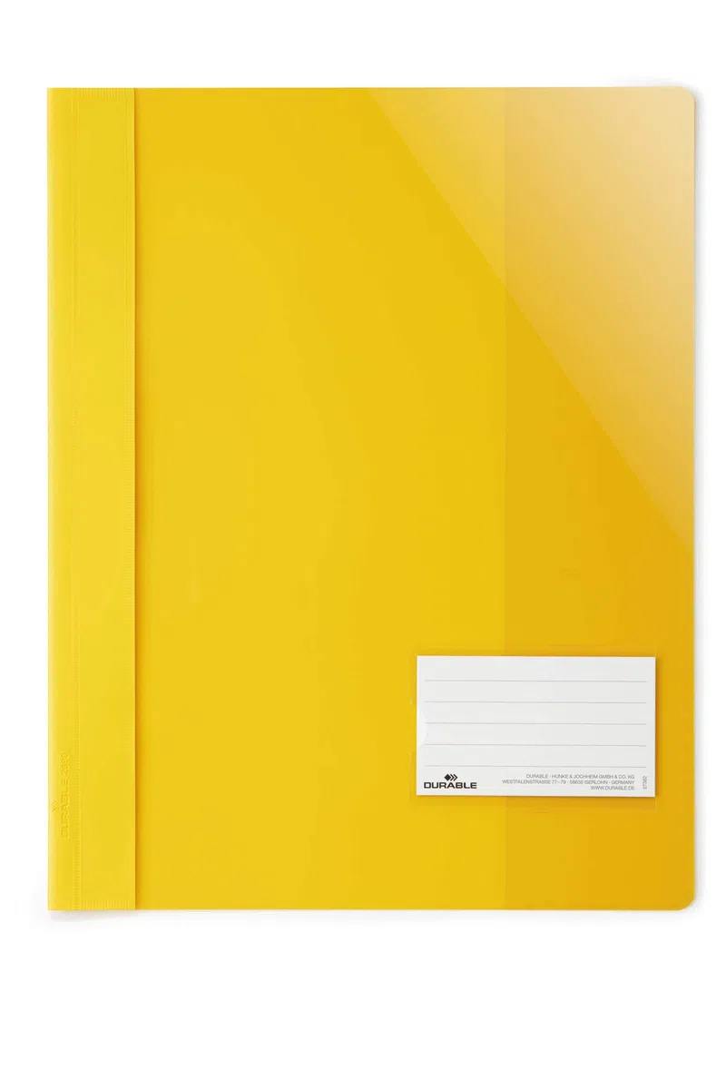 Durable 269004 Carpeta de exhibición para A4,ancha, amarilla, paquete de 25 | Grapadora con ventana, bolsillo interior para documentos sin perforar, mecanismo de grapado, polipropileno