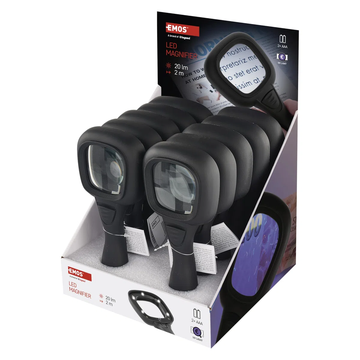 EMOS Lupa de Lectura LED con luz LED y UV, Zoom 2,5X, 10 Unidades, lupas de Mano iluminadas para Personas Mayores, Lectura, inspección, Monedas, Billetes, Pasatiempos, Incluye Estructura y Pilas