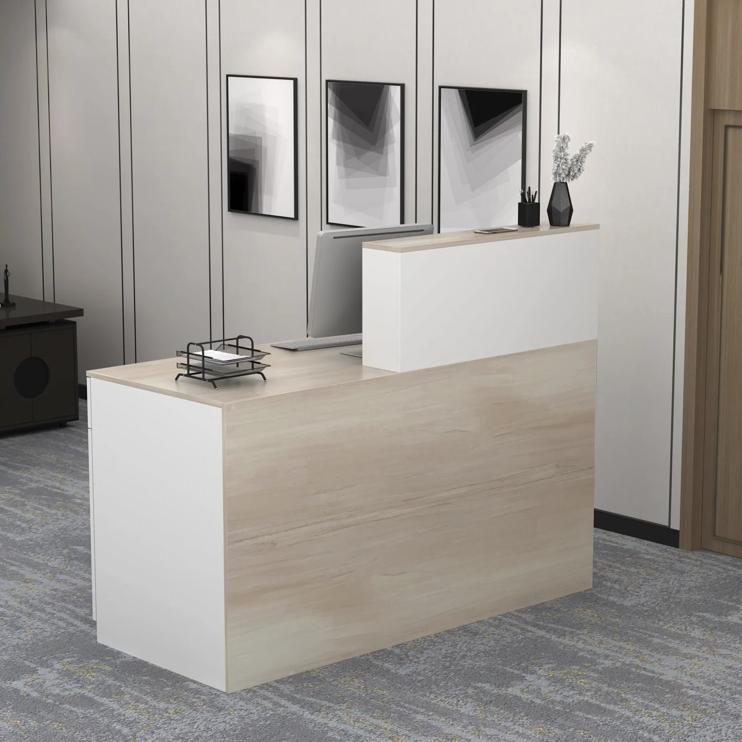 Mostrador de Recepción Grande con Compartimentos Abiertos, Madera y Blanco