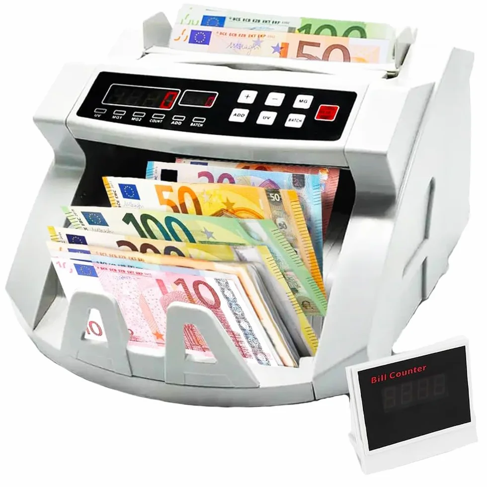 Contador de billetes profesional con detector de falsos y doble pantalla LED