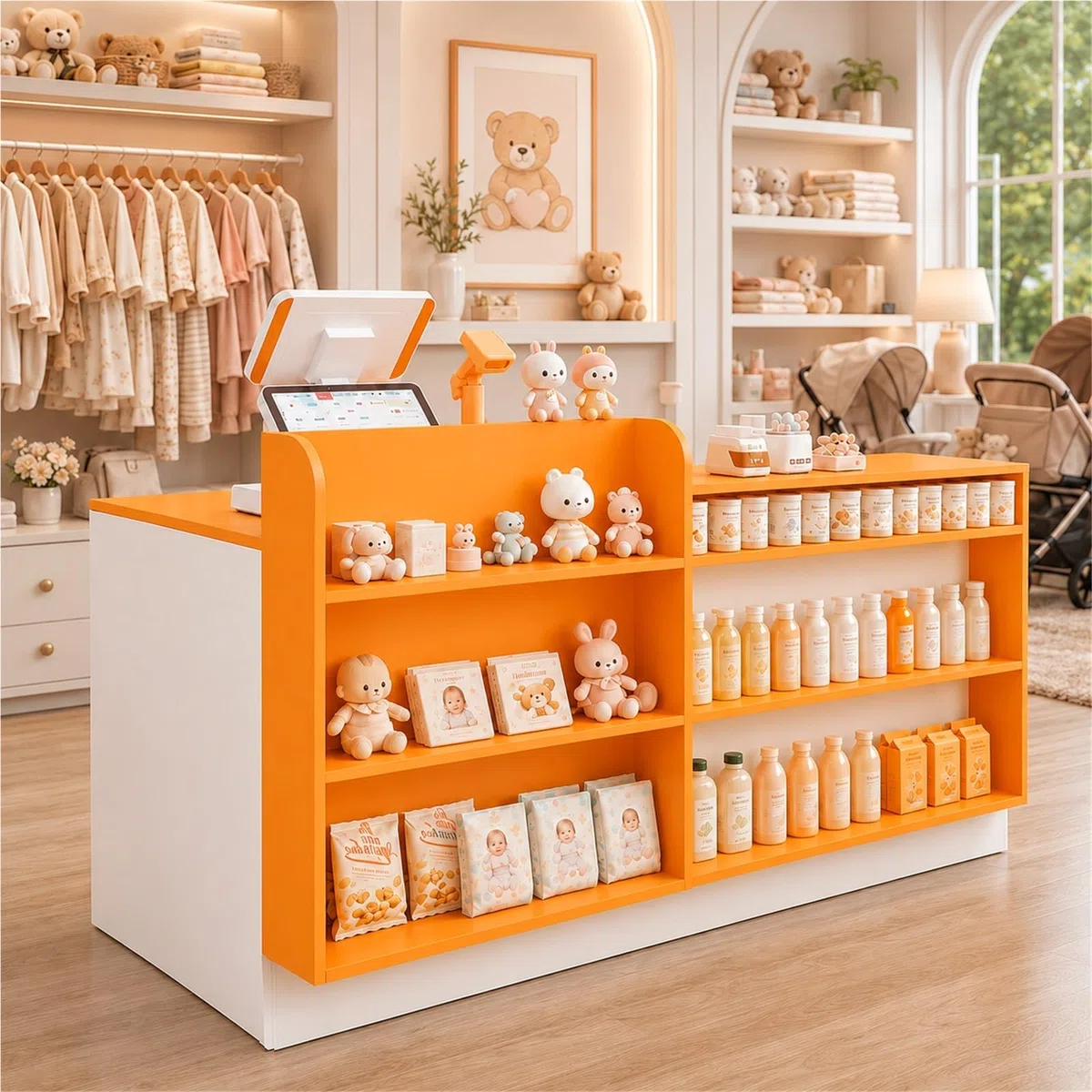 Mostrador de Recepción con Estantes y Almacenaje, Mostrador Caja para Tienda, Salón, Boutique, Librería, Comercio y Recepción Moderna Pro Comercial(White+Orange Right,80cm/31.5")