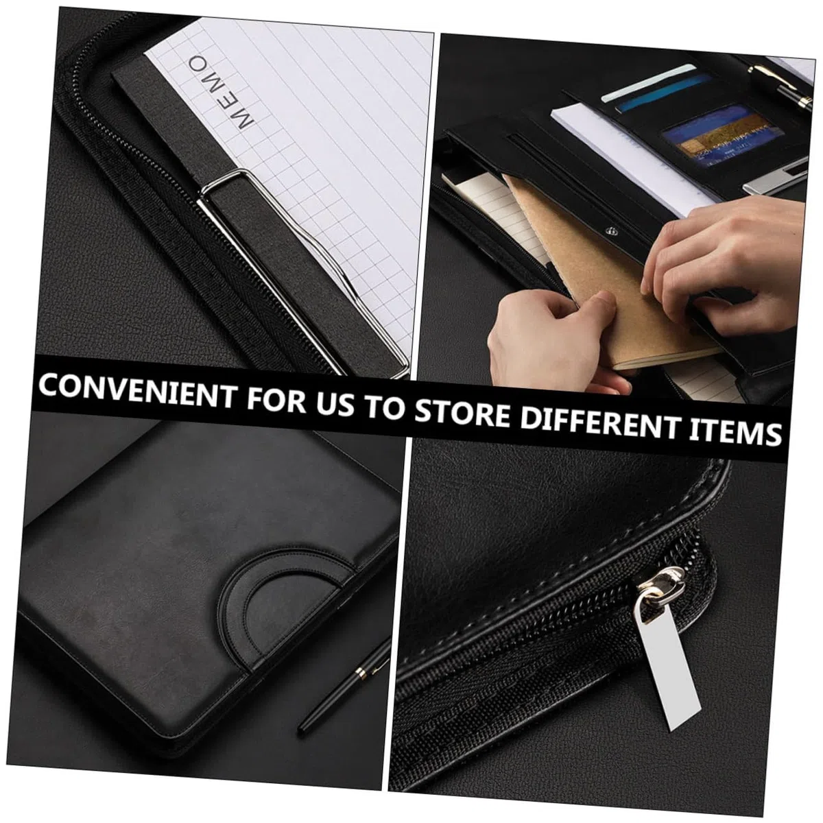OSALADI Carpeta Portafolios con Cremallera A4 Negra de Pu para Negocios | Cuaderno A4 Incluido, Varios Compartimentos, Ligera y Elegante, Protege el Contenido y Facilita el Transporte