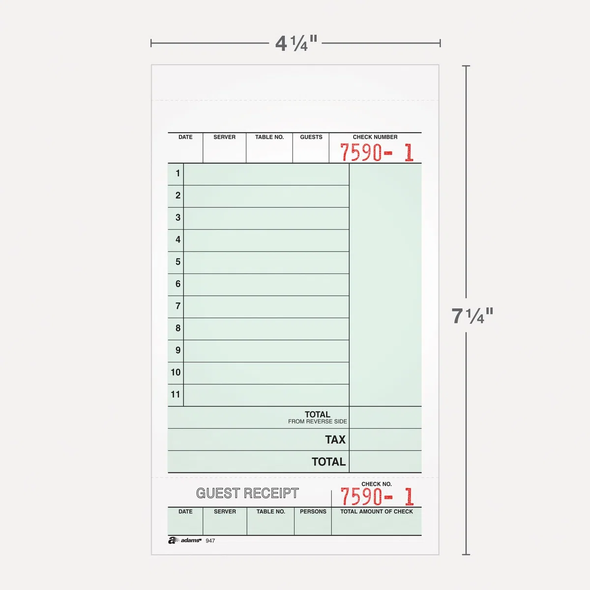 Adams Guest Check Unit Sets, 2-Part, Carbonless, White Bond/Tag, 4-1/4 x 6-3/4 Inches Detached, 250 Sets/Pack (947SWC)