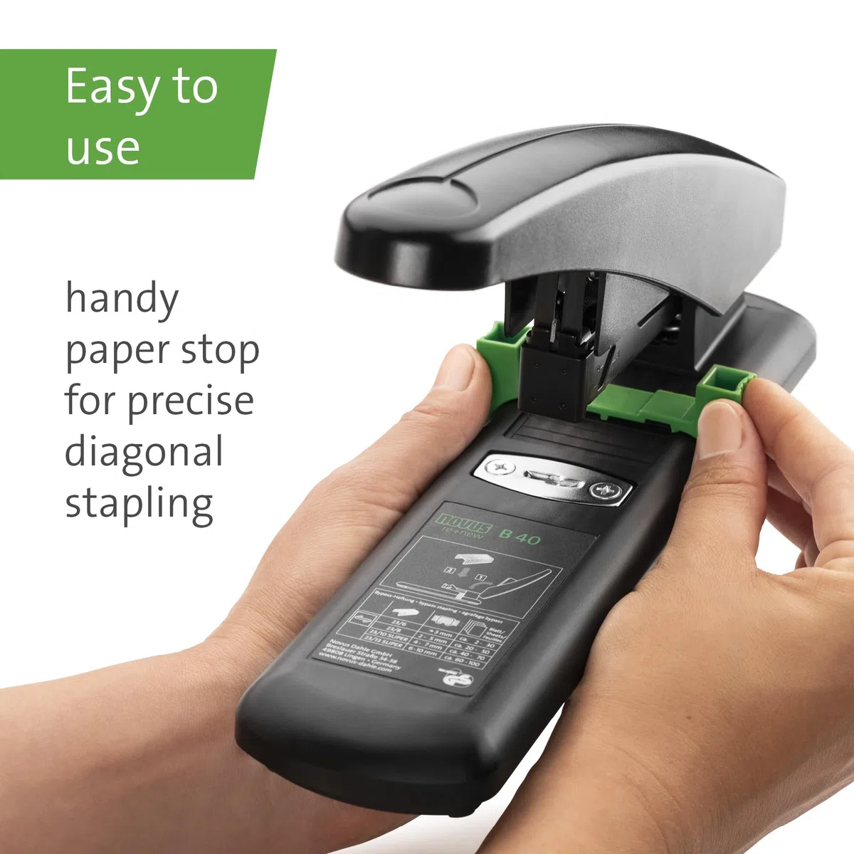 Novus B 40 re+new - Grapadora de bloques sostenible (capacidad de grapado 100 hojas, sistema antibloqueo, parte inferior de plástico y parte superior de metal con revestimiento de plástico 97% de