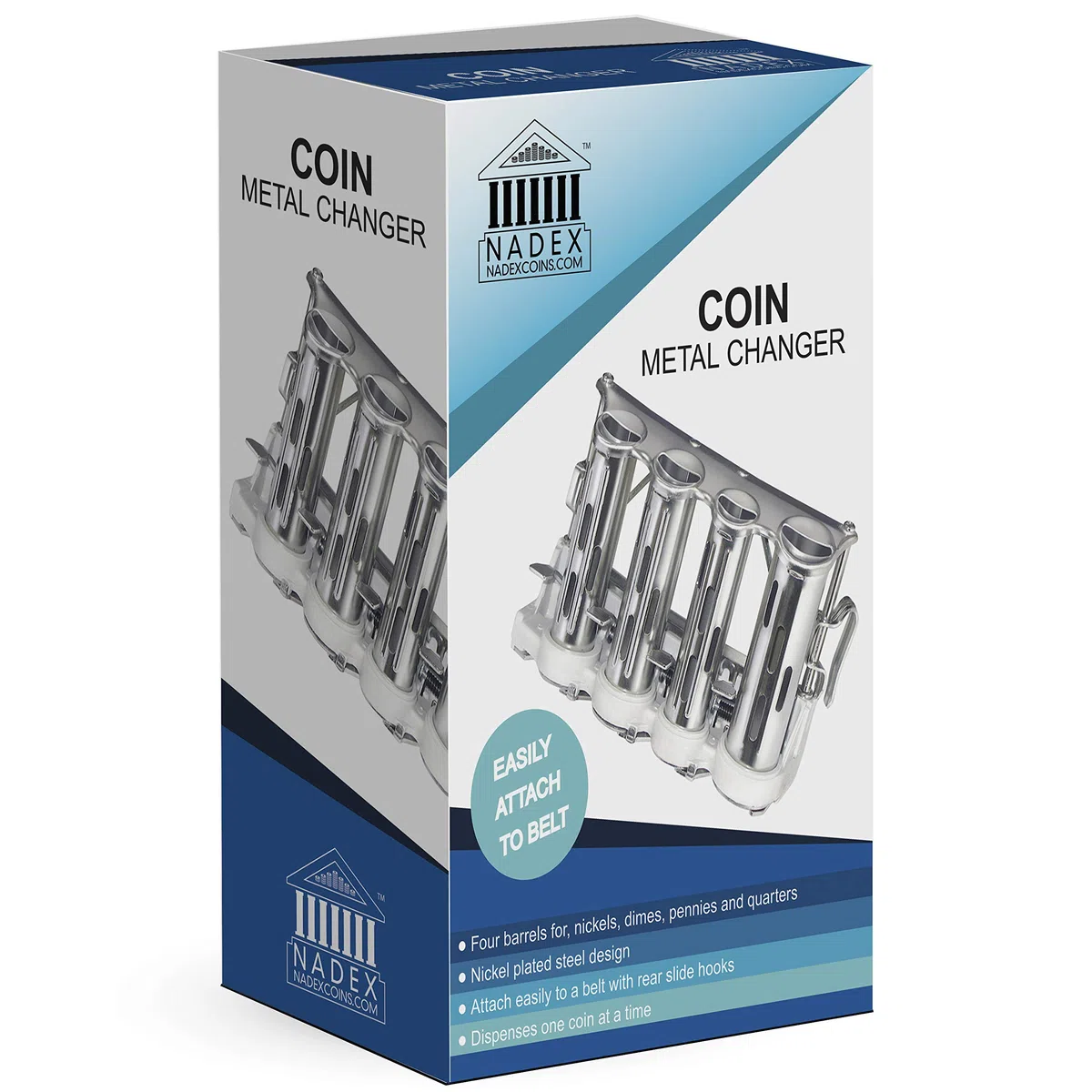 Nadex Dispensador de monedas de acero de 4 barriles con pinzas para cinturón (plata)