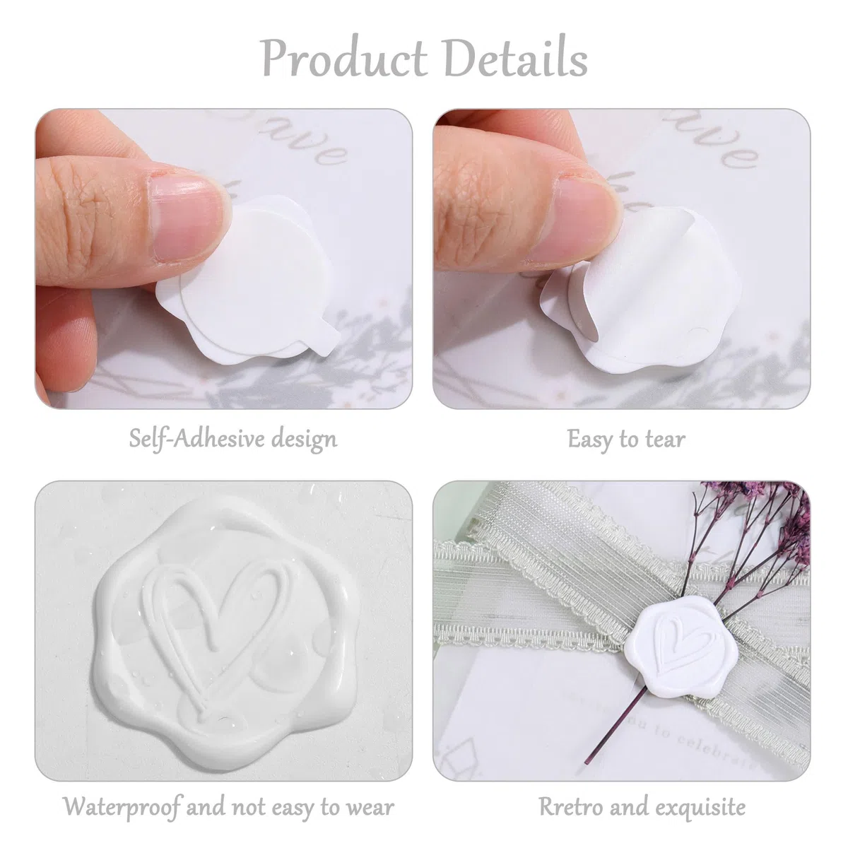50 sellos de cera autoadhesivos, diseño de corazón, para bodas, invitaciones, regalos, cartas (blanco)
