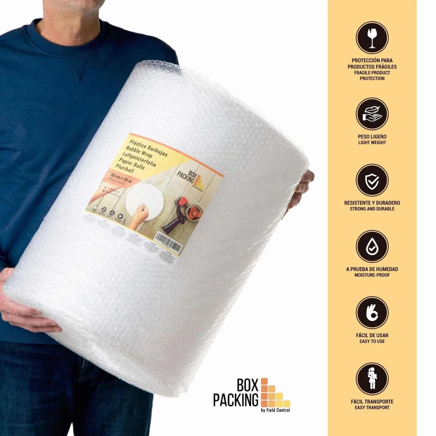 BOXPACKING | Papel Burbujas Embalaje Mudanza | Plástico Burbujas | 50 cm x 50 m | Rollo burbujas Embalaje | Bubble Wrap | Protección de objetos frágiles para envíos y mudanza | Burbuja 1 cm (50 g/m²)