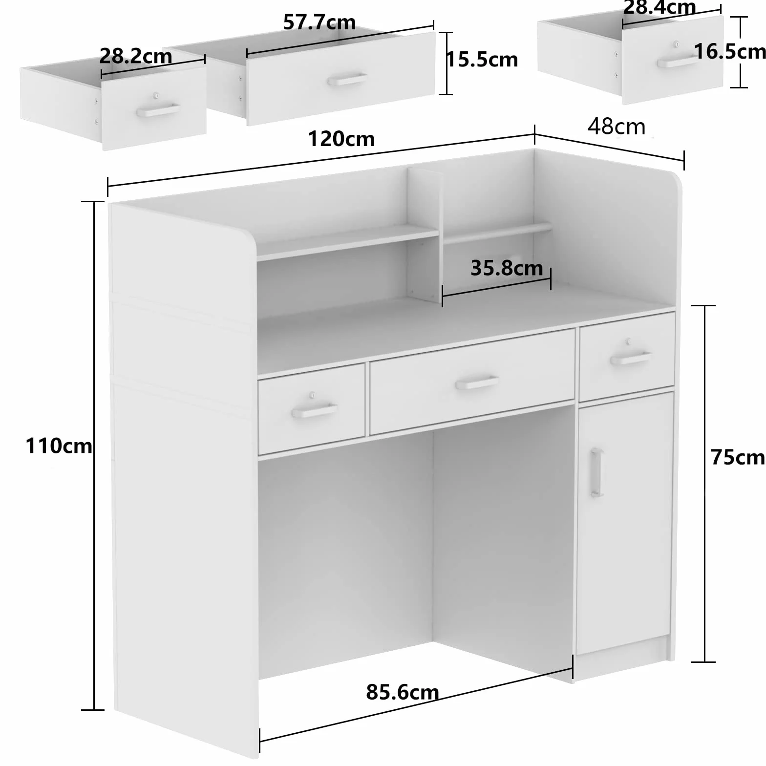 Mueble recepción mostrador oficina 3 cajones 120x48x110 cm Blanco