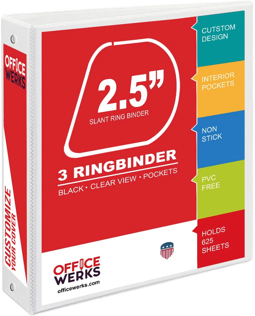 Office Werks - Carpeta profesional de 3 anillos, 2.5 pulgadas, 12 carpetas de presentación para páginas estándar de 8.5 x 11 pulgadas con bolsillos, color blanco transparente (paquete de 12)